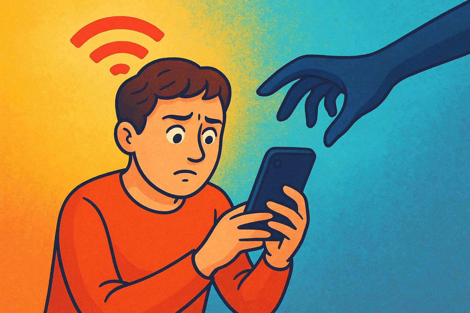 man holding a smartphone looking stressed